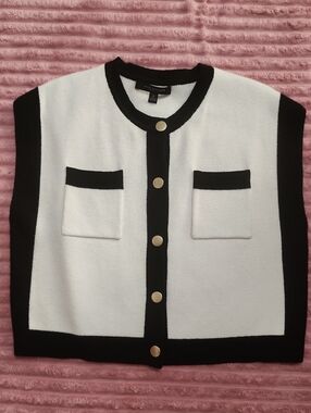 Sleeveless Knit Cardigan Vest in White with Black Trim